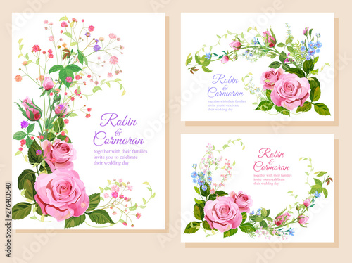 Set wedding invitation cards. Horizontal, vertical templates with pink roses,...