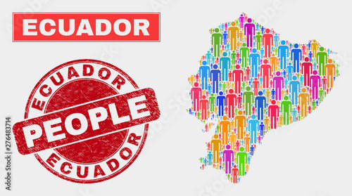 Demographic Ecuador map abstraction. People color mosaic Ecuador map of humans, and red rounded corroded stamp. Vector composition for national public presentation.