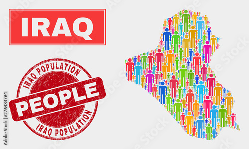 Demographic Iraq map abstraction. People bright mosaic Iraq map of humans, and red round corroded stamp. Vector combination for population group report.