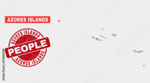 Demographic Azores Islands map abstraction. People colorful mosaic Azores Islands map of crowd, and red rounded textured watermark. Vector combination for population mass plan.