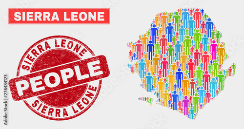 Demographic Sierra Leone map illustration. People color mosaic Sierra Leone map of humans, and red rounded grunge watermark. Vector collage for nation audience plan.