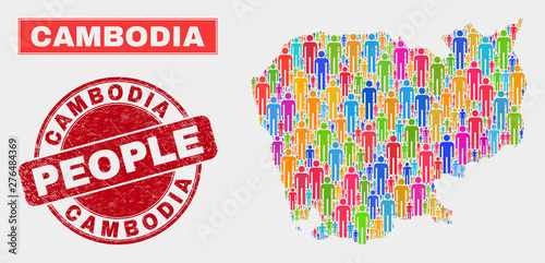 Demographic Cambodia map illustration. People color mosaic Cambodia map of men, and red rounded unclean seal. Vector composition for population community representation.