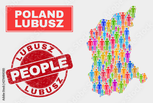 Demographic Lubusz Voivodeship map illustration. People color mosaic Lubusz Voivodeship map of crowd, and red rounded dirty stamp seal. Vector combination for population public presentation.