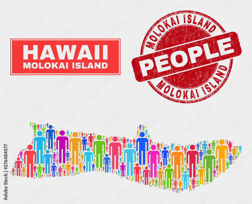 Demographic Molokai Island map illustration. People bright mosaic