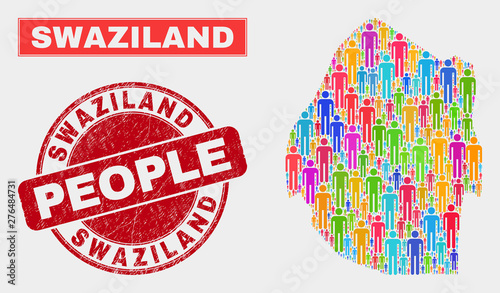 Demographic Swaziland map abstraction. People bright mosaic Swaziland map of crowd, and red round dirty seal. Vector combination for population mass representation.