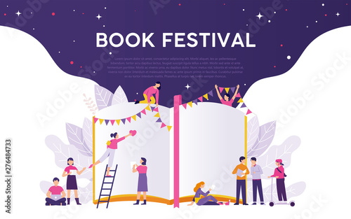 book festival illustration vector concept, people work for book festival, open big book with colourful flag for party and festival