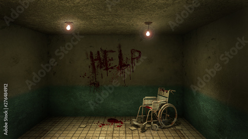 Horror and creepy front of the examination room and wheelchair in the hospital and help Blood .3D rendering