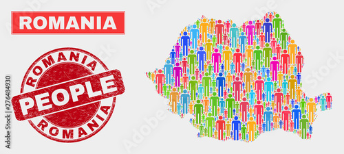 Demographic Romania map abstraction. People colorful mosaic Romania map of persons, and red round unclean stamp seal. Vector collage for population mass report.
