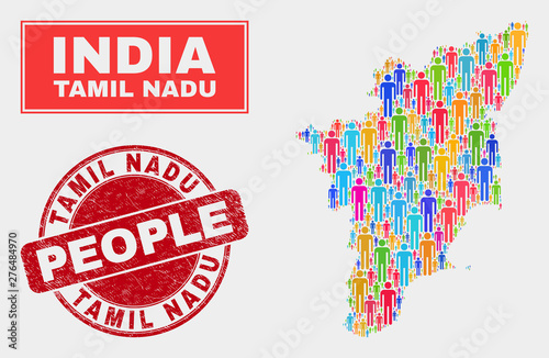 Demographic Tamil Nadu State map abstraction. People bright mosaic Tamil Nadu State map of persons, and red round grunge stamp seal. Vector combination for national group presentation. photo