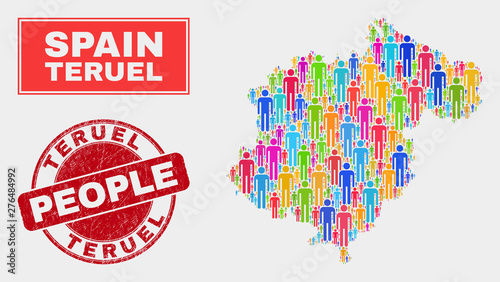 Demographic Teruel Province map abstraction. People color mosaic Teruel Province map of humans, and red rounded textured stamp. Vector composition for population mass report.