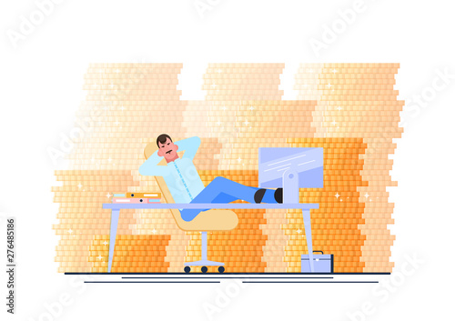 Successful business man. Business man is resting at his workplace. Procrastinating and wasting time concept. Vector illustration. - Vector