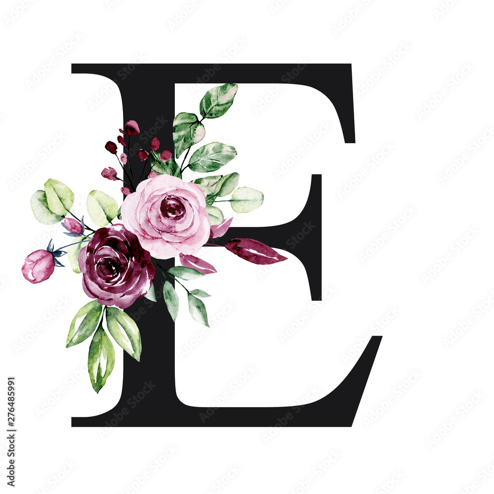 Floral alphabet, letter E with watercolor flowers and leaves. Monogram