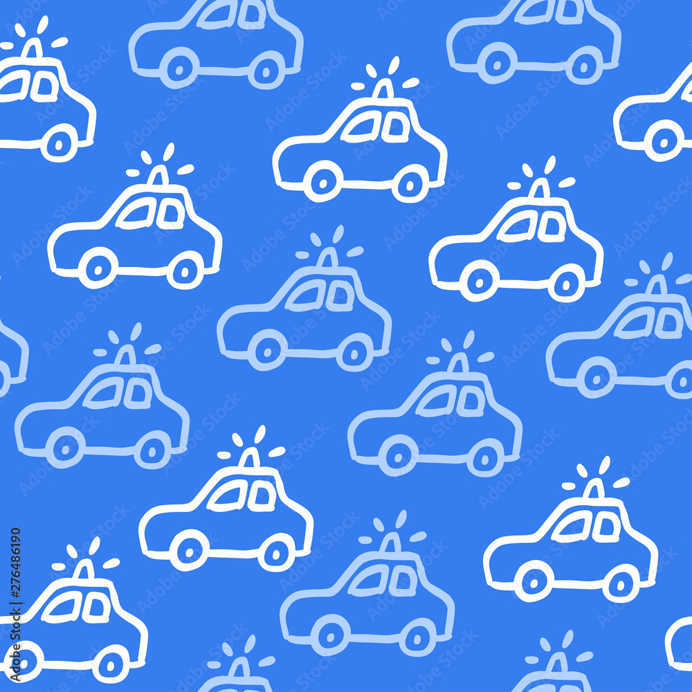 A vector seamless pattern with doodle outline police machines. Sedan auto in blue halftones for a design.