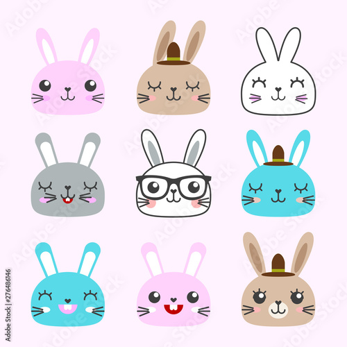Easter Bunny Set. Set of cute rabbits. Funny doodle animals. Little bunny in cartoon style. Bunny  rabbits  cute characters set  for Easter  kids and baby t-shirts and greeting cards.