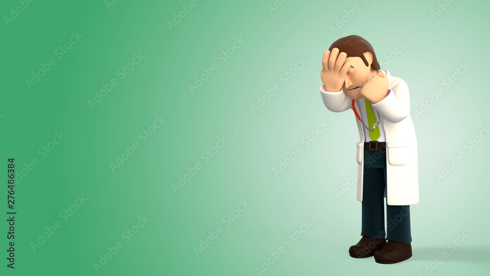 Sad cartoon 3d doctor with a stethoscope doing a facepalm on a green gradient background 3d rendering Sad cartoon 3d doctor with a stethoscope doing a facepalm on a green gradient background 3d rendering