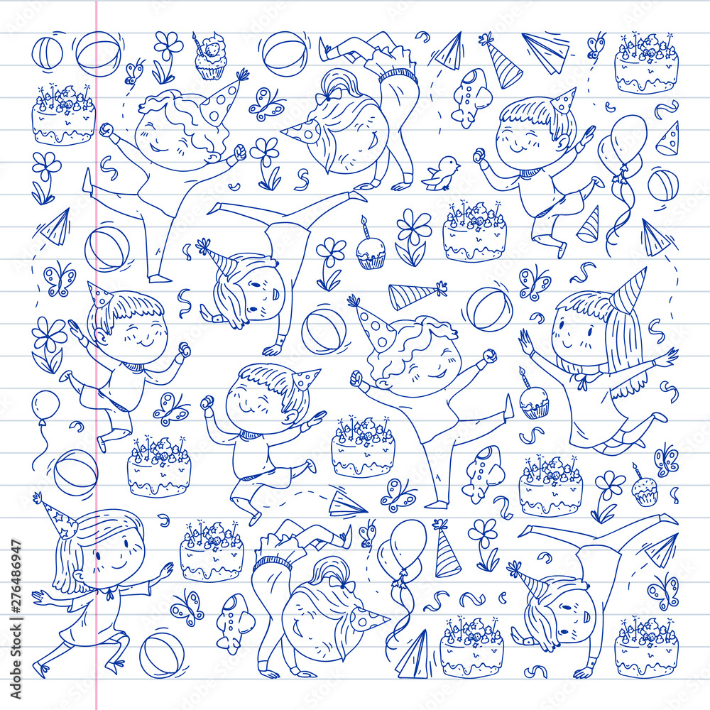 Vector illustration in cartoon style, active company of playful preschool kids jumping, at a party, birthday. drawn by pen on exercise notebook. Vector illustration in cartoon style, active company of playful preschool kids jumping, at a party, birthday. drawn by pen on exercise notebook.