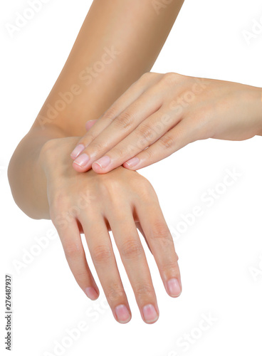 Woman holding back hand and massaging in pain area isolated on white background