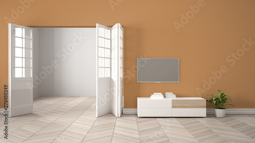Modern orange living room with white furniture and tv, blank wall background with open door, herrigbone parquet, template background with copy space, interior design concept idea