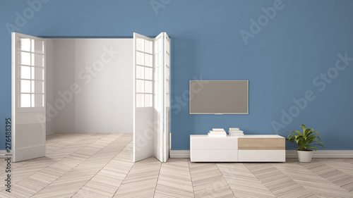Fototapeta Naklejka Na Ścianę i Meble -  Modern blue living room with white furniture and tv, blank wall background with open door, herrigbone parquet, template background with copy space, interior design concept idea
