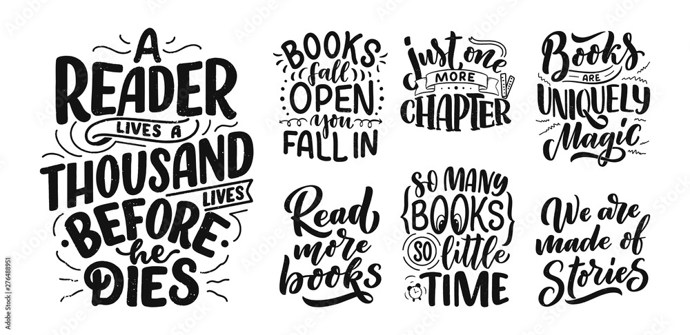 Fototapeta premium Set with abstract lettering about books and reading for poster design. Handwritten letters. Typography funny quotes. Vector