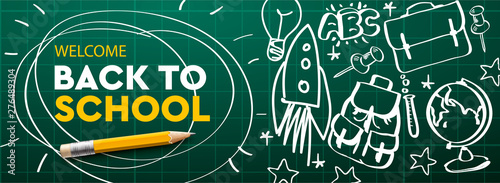 Welcome Back to school horizontal banner, doodle on checkered paper background, vector illustration.