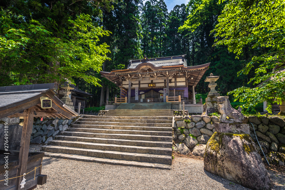 Shirakawa-go - May 27, 2019: Shinto temple in the village of Shirakawa-go, Japan Shirakawa-go - May 27, 2019: Shinto temple in the village of Shirakawa-go, Japan