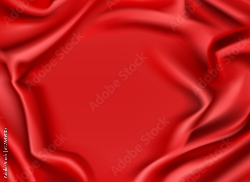 Red silk draped fabric background. Luxurious folded glossy scarlet textile frame with smooth center, cover decoration, promo poster, advertising magazine banner design Vector 3d realistic illustration