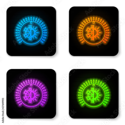 Glowing neon Thermostat icon isolated on white background. Temperature control. Black square button. Vector Illustration