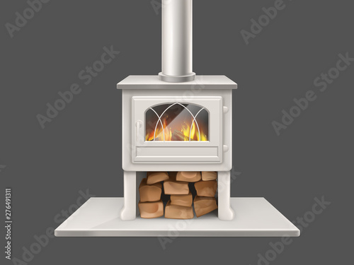 House fireplace with painted in white, metallic or marble stone firepit and chimney pipe, closed door with fireproof glass fire-box, flaming firewood inside isolated 3d realistic vector illustration