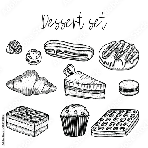 vector set of desserts: muffin, croissant, candy, waffle, Eclair, macaroon, cake, pie, donut. The engraving style.