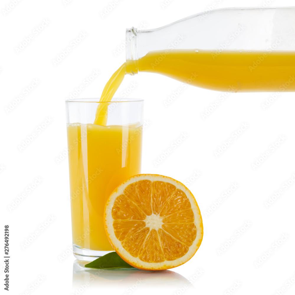 Orange fruit juice pouring oranges glass square isolated on white Orange fruit juice pouring oranges glass square isolated on white