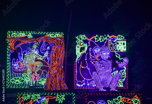 Chandannagar, West Bengal, India November 2018 - Spectacular colourful lighting decoration with LED bulbs during Jagadhatri Puja celebrations. The lighting has reputation in Puja pandals and streets. photo