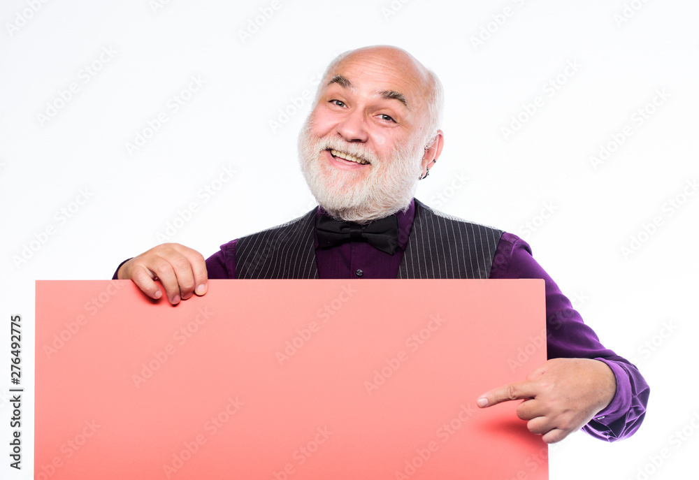 Advertisement. Senior bearded man place announcement on banner. job search. Need help. wanted. Copy space placate information. Advertisement shop. smiling mature man in formal suit. welcome on board