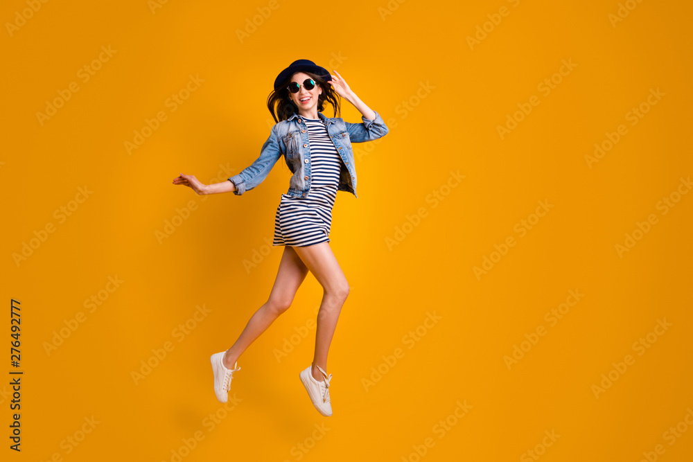 Full length body size view attractive pretty cute youth people free time travel content good-looking careless rejoice eyewear eyeglasses specs striped denim modern clothes isolated vibrant background