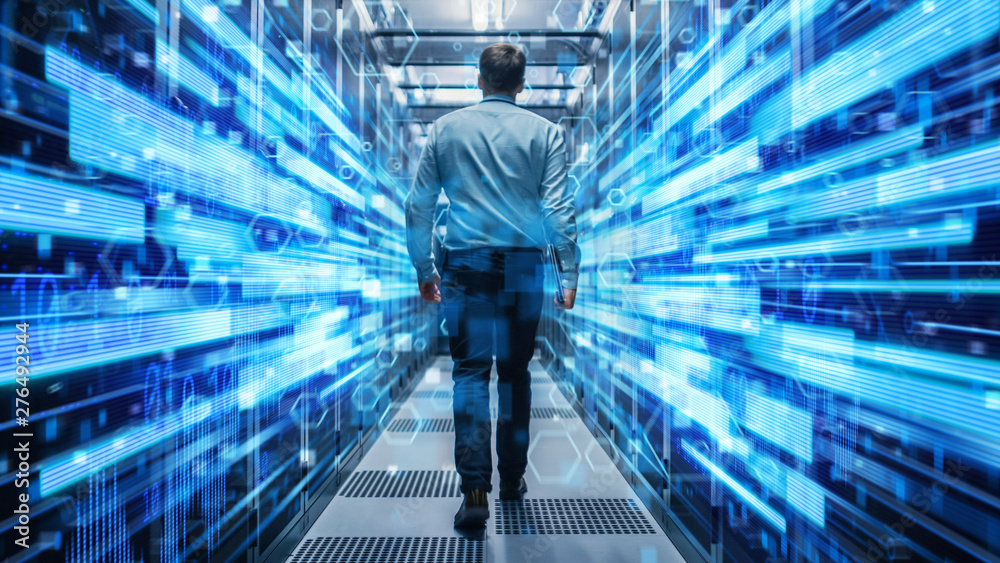 Shot of a Young It Specialist Walking through Corridor in Working Data Center Full of Rack Servers and Supercomputers. Conceptual Visualisation of High Speed Internet Connection with Digits and Lines. - obrazy, fototapety, plakaty 