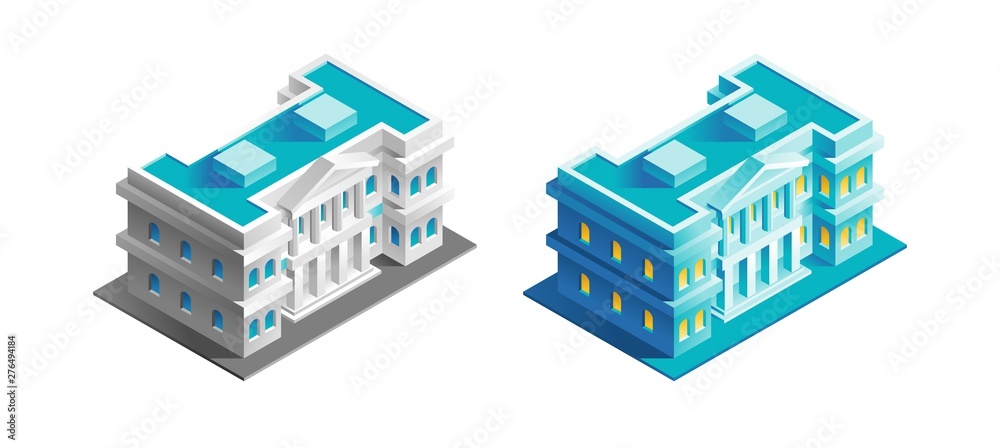 Government Building. Isometric view at exterior of an urban building, represented in different color variations.