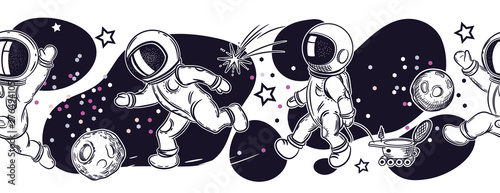 Set of images of astronauts. Astronauts are playing football, fishing, flying in a balloon.