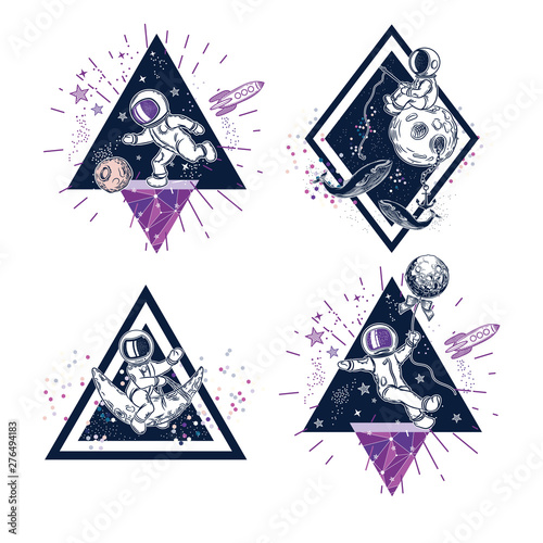 Set of images of astronauts. Astronauts are playing football, fishing, flying in a balloon.