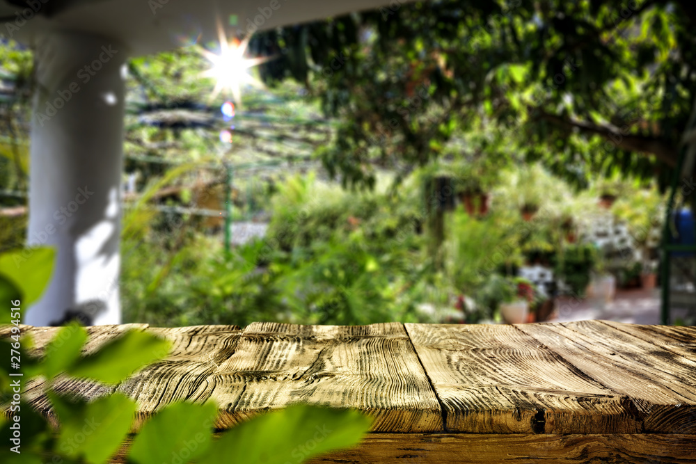Desk of free space for your decoration and summer garden background Desk of free space for your decoration and summer garden background
