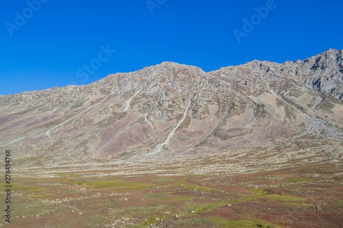 Rocky alpine meadow with mountains in background