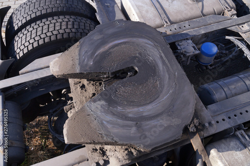 Rear of the tractor unit. Visible fifth wheel couplings are fitted to a tractor unit to connect it to the trailer.