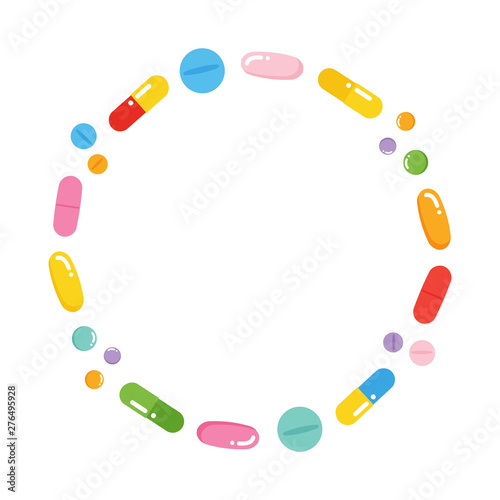 Vector cartoon style round frame, card template with cute colorful pills, medications in different sizes and shapes for medical and healthcare design.