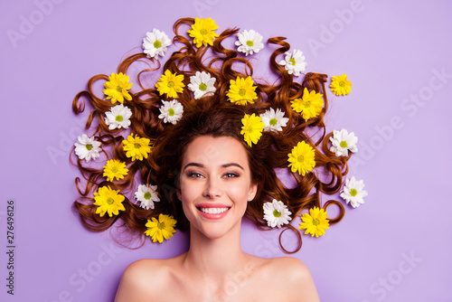 Close-up portrait of her she nice-looking charming cute attractive lovely nude naked feminine adorable cheerful wavy-haired lady blossom hairdo isolated over violet purple pastel background