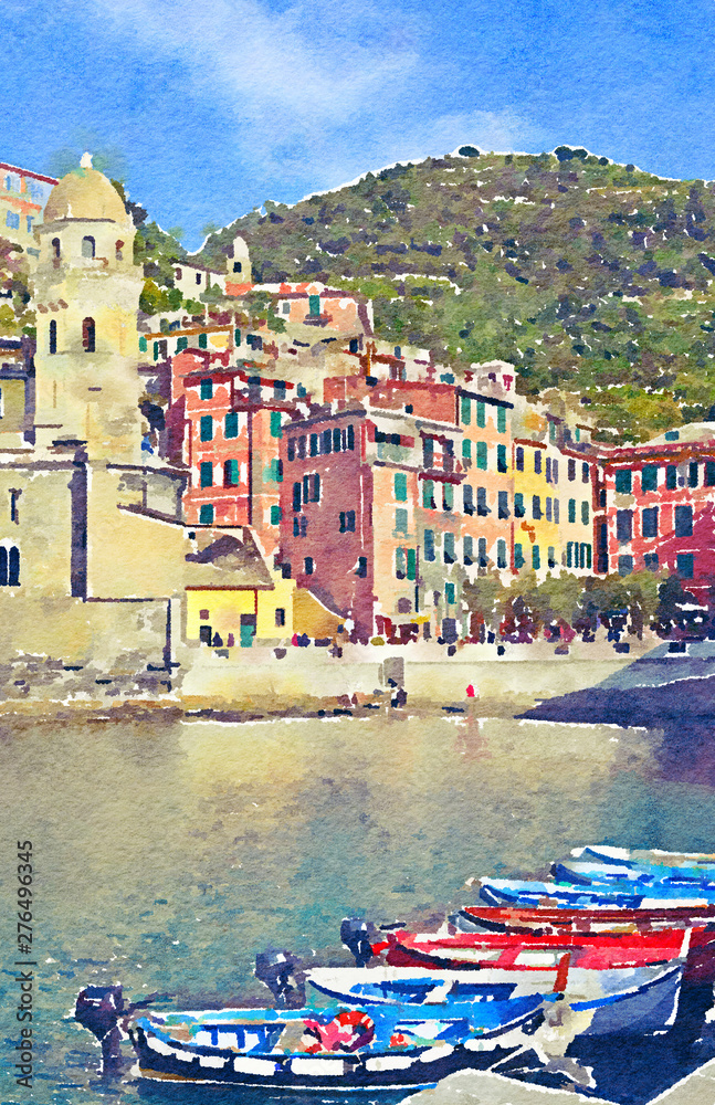 Watercolor of Sunny day in Vernazza, Cinque terre (Italy)