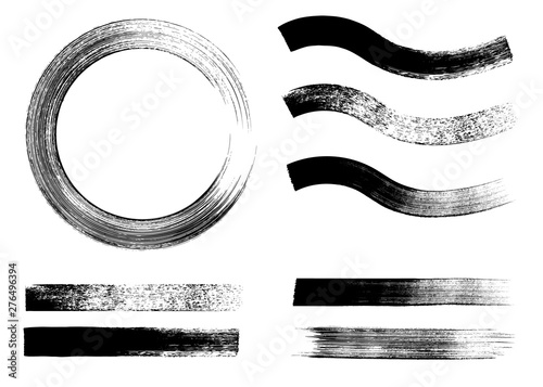 Stroke flat brush. Black modern paint stripe set. Grunge texture. Mascara brush. Isolated vector black paintbrush collection for frame or background.