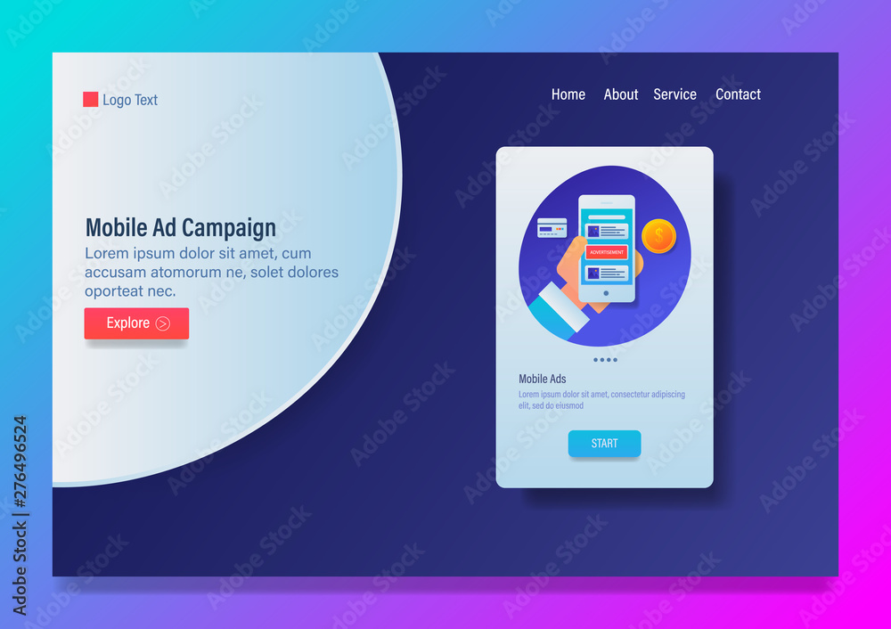 Fototapeta premium Mobile ads, advertising campaign, digital marketing app concept, with icons and text web banner vector template.