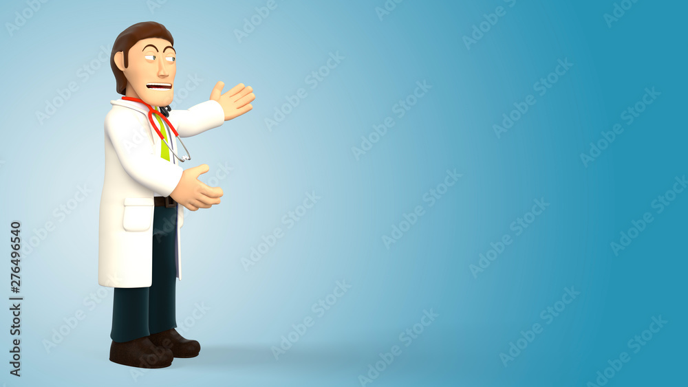Cartoon 3d doctor with a stethoscope smiling and making a presentation on a blue gradient background 3d rendering Cartoon 3d doctor with a stethoscope smiling and making a presentation on a blue gradient background 3d rendering