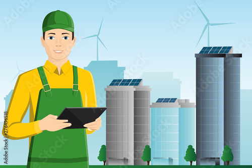 Deliveryman with tablet on city background.