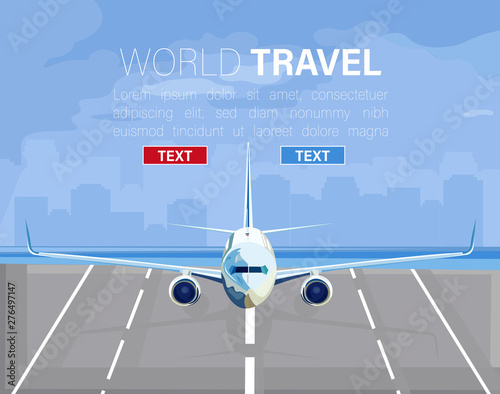 Airplane landing Vector flat style. Travel poster advertises