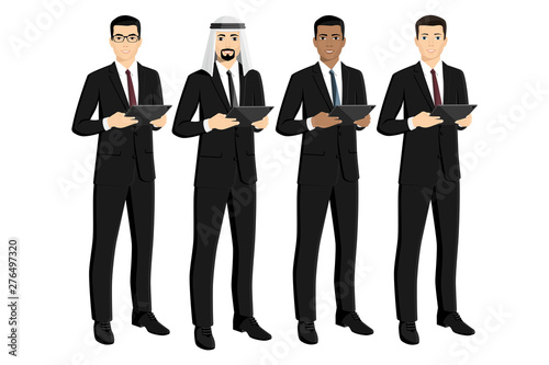 Set of asian, african american, arabian, european businessmans with tablet computer. Vector illustration
